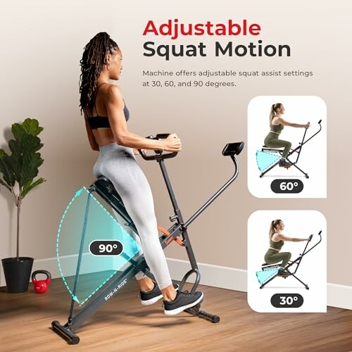 Woman using adjustable squat motion machine with settings at 30, 60, and 90 degrees.