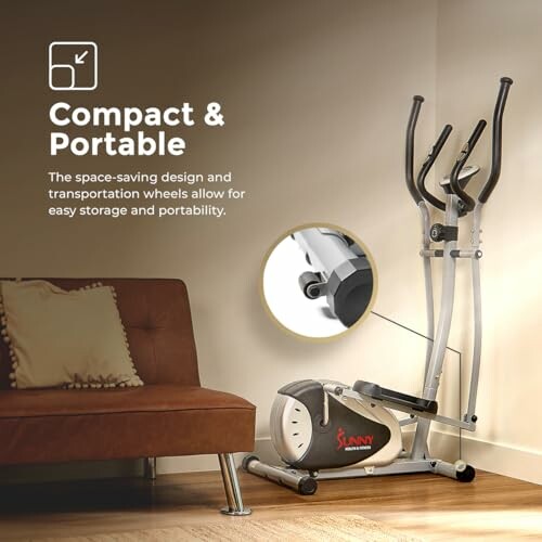 Compact and portable exercise bike next to a sofa.