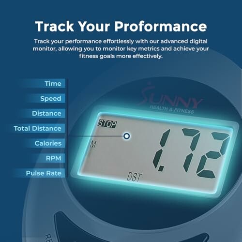 Digital fitness monitor display with performance metrics.