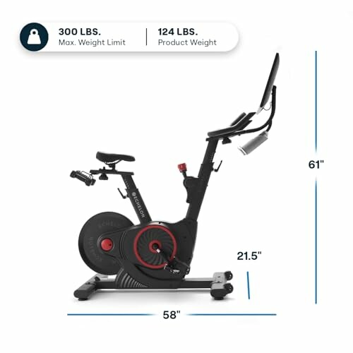 Exercise bike with dimensions and weight limits shown.