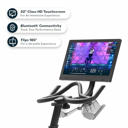 Exercise bike with 22-inch HD touchscreen and Bluetooth connectivity.