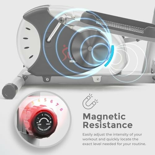 Exercise bike with magnetic resistance adjustment feature.